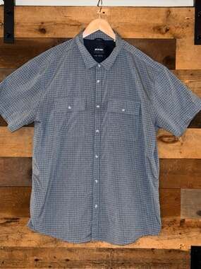 prAna Men's Short Sleeve Button Down Shirt Blue Grid Pattern Size XXL